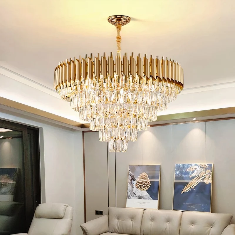 Lustre à pampille de luxe en métal et cristal doré salon