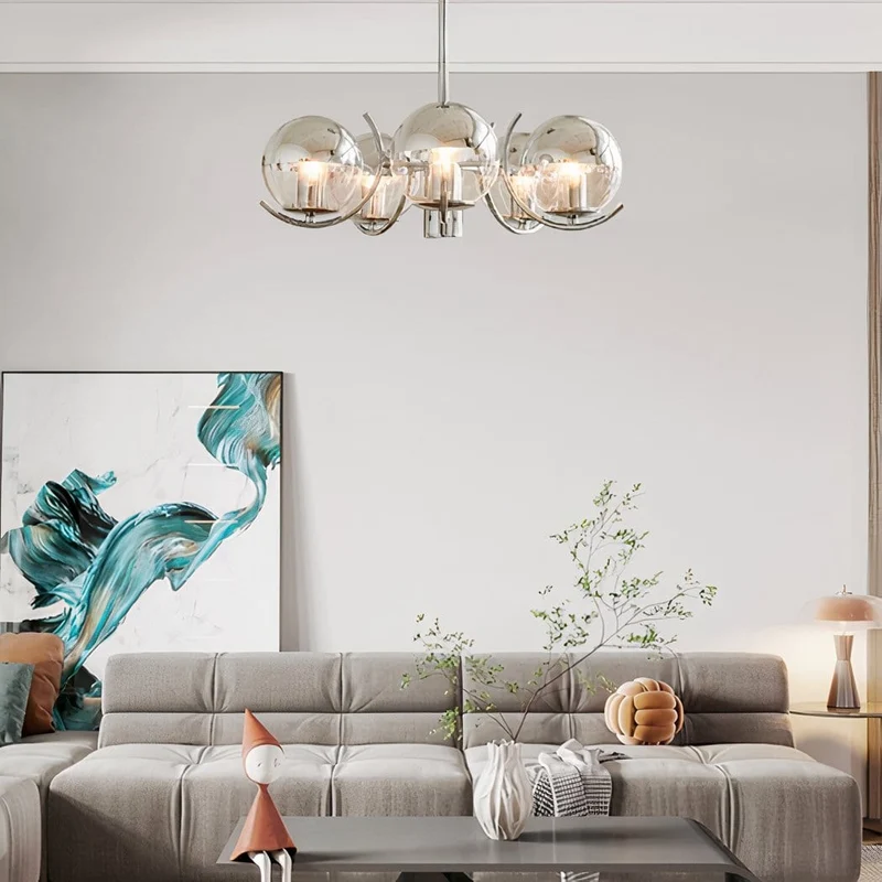 Lustre suspension boules en verre salon argent