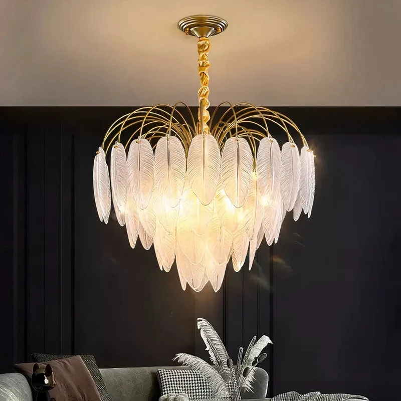 Lustre plume en verre en escalier salon