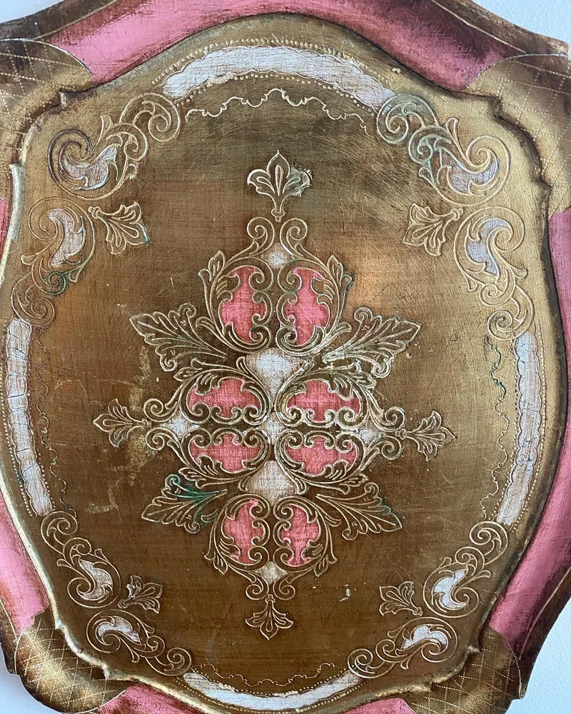 Plateau florentin en bois or et rose