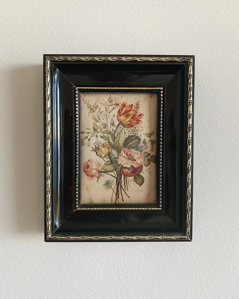 Peinture bouquet de roses sur soie petit cadre noir et doré