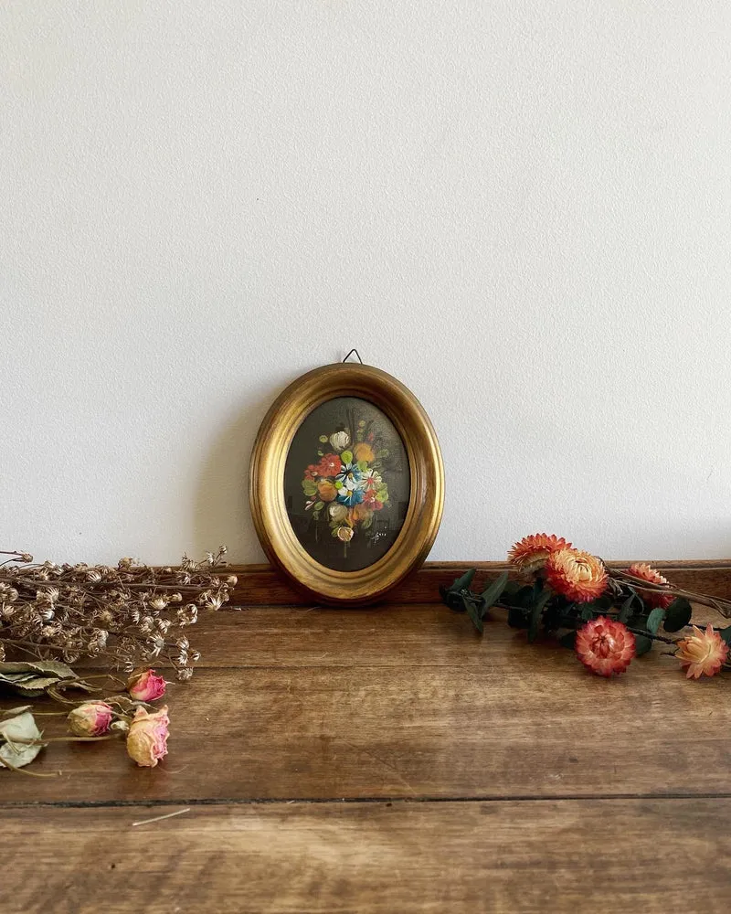 Cadre ovale en bois peinture sur toile bouquet de fleurs