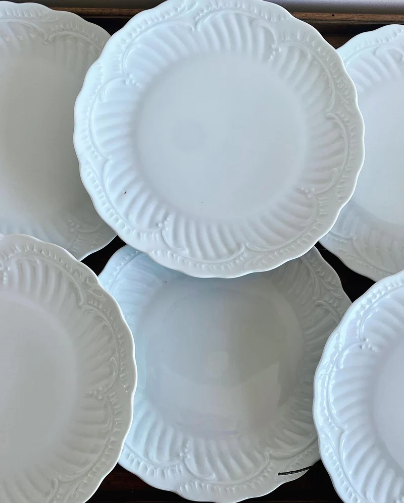 Jolies assiettes blanches en porcelaine de Limoges avec moulures
