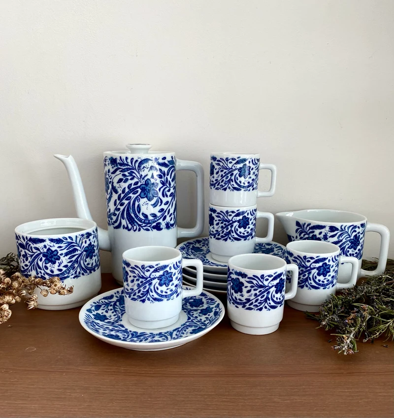 Service à café complet bleu et blanc