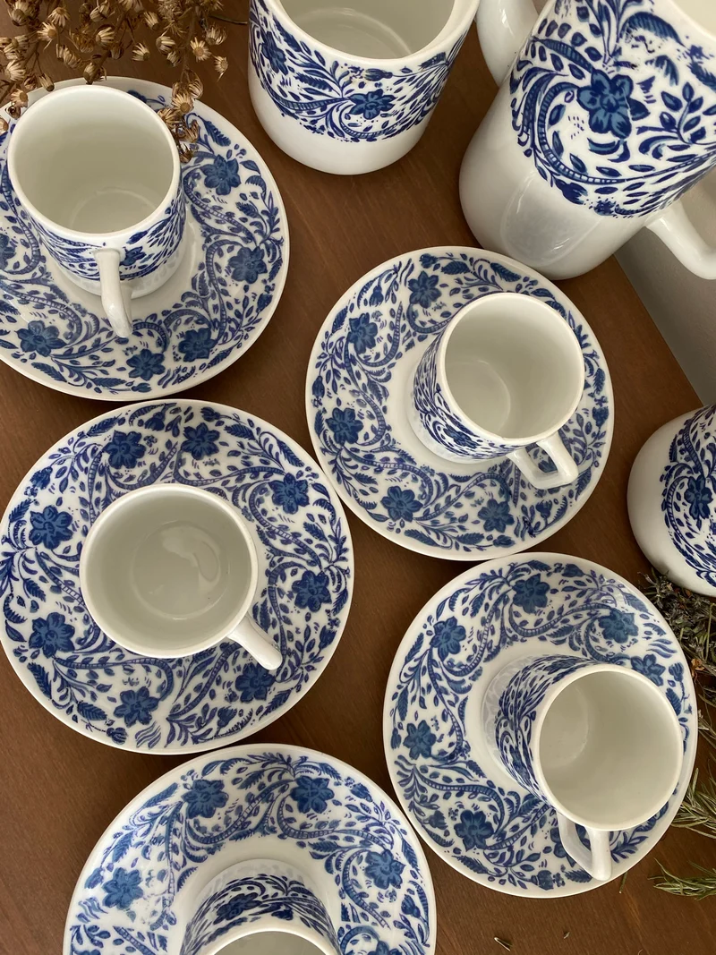 Service à café complet bleu et blanc