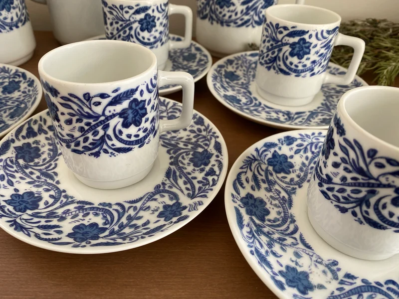 Service à café complet bleu et blanc