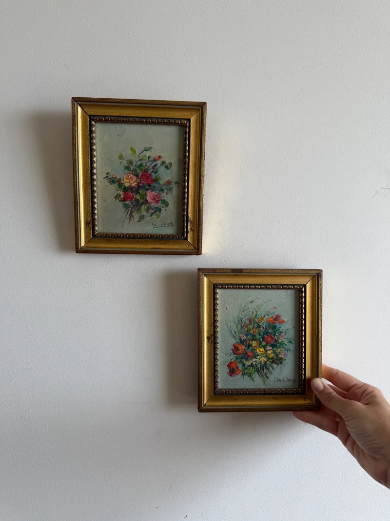 Peintures à l’huile bouquets de fleurs encadrement en bois