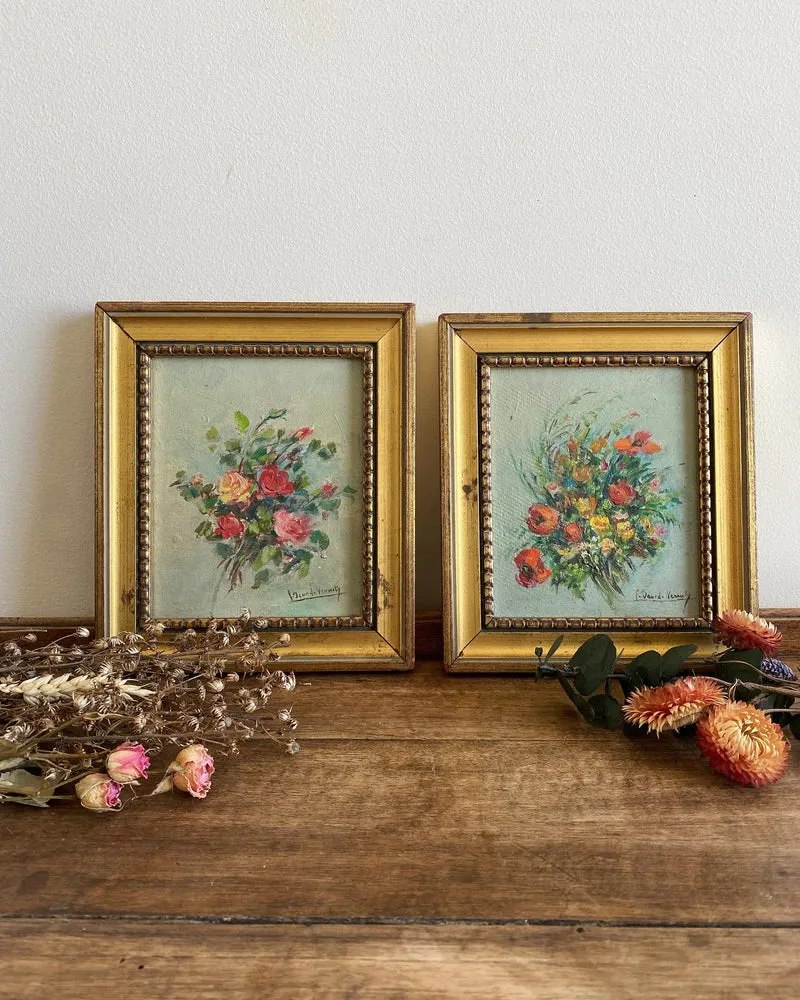 Peintures à l’huile bouquets de fleurs encadrement en bois