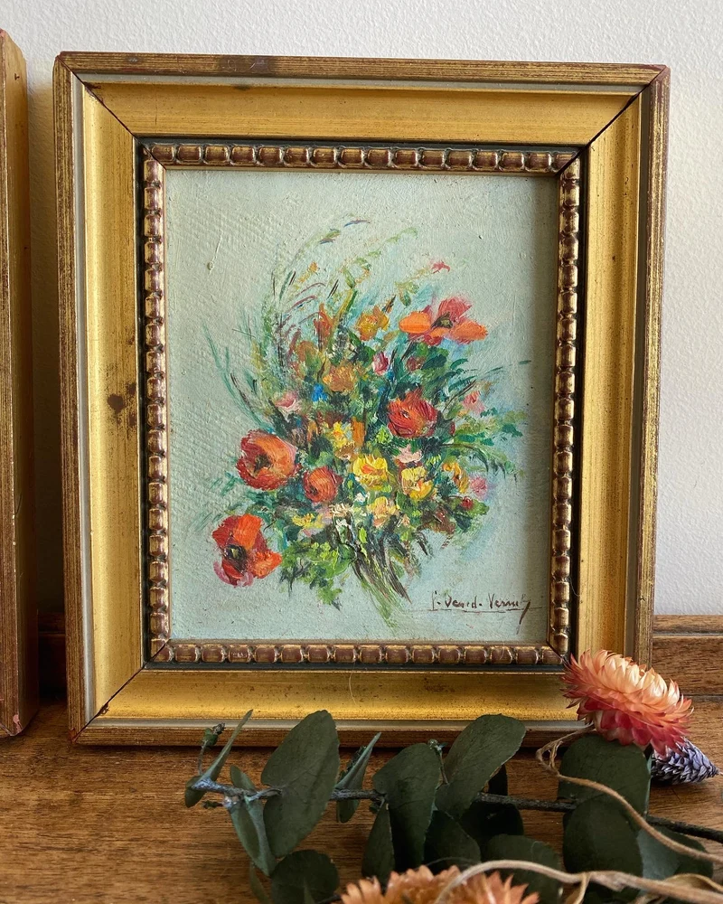 Peintures à l’huile bouquets de fleurs encadrement en bois