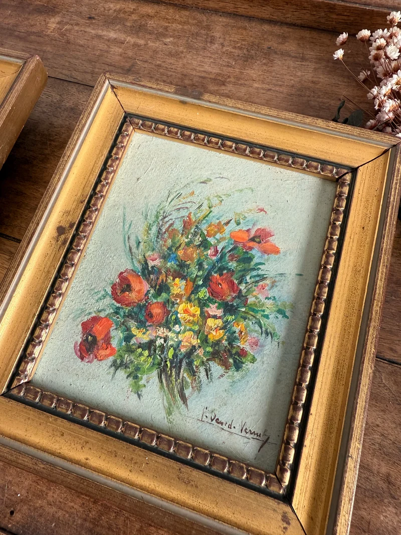 Peintures à l’huile bouquets de fleurs encadrement en bois