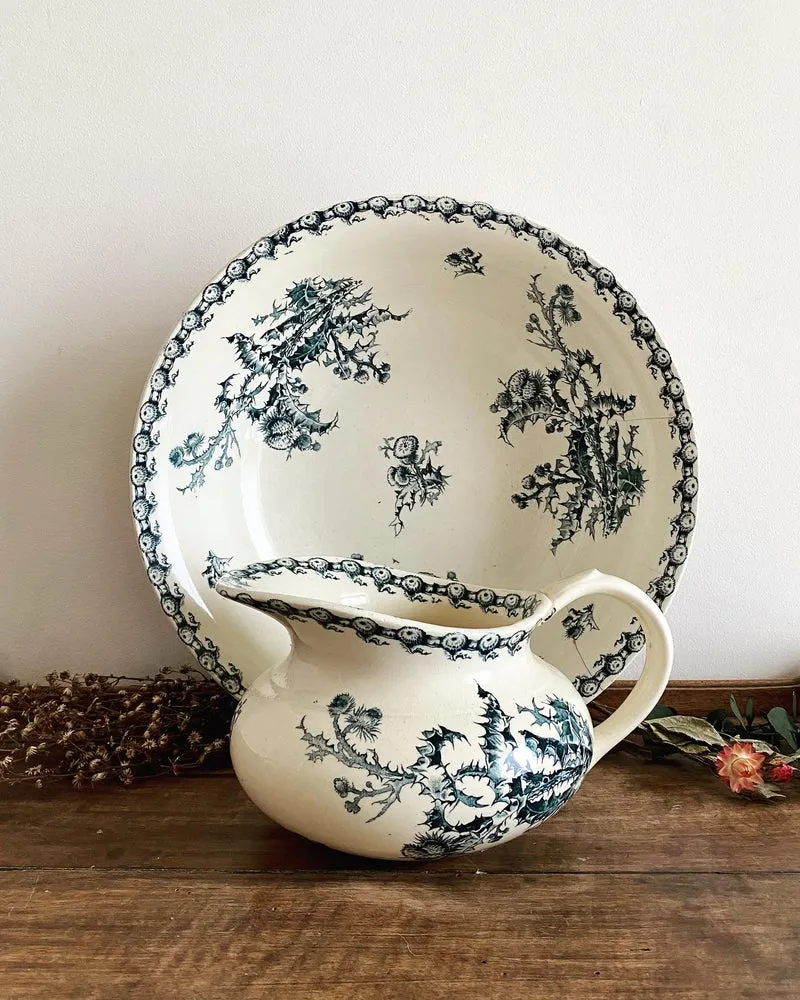 Broc et bassine faïence opaque de Gien Collection Chardons