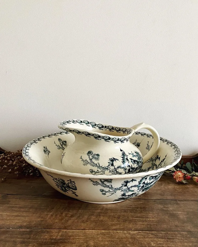 Broc et bassine faïence opaque de Gien Collection Chardons