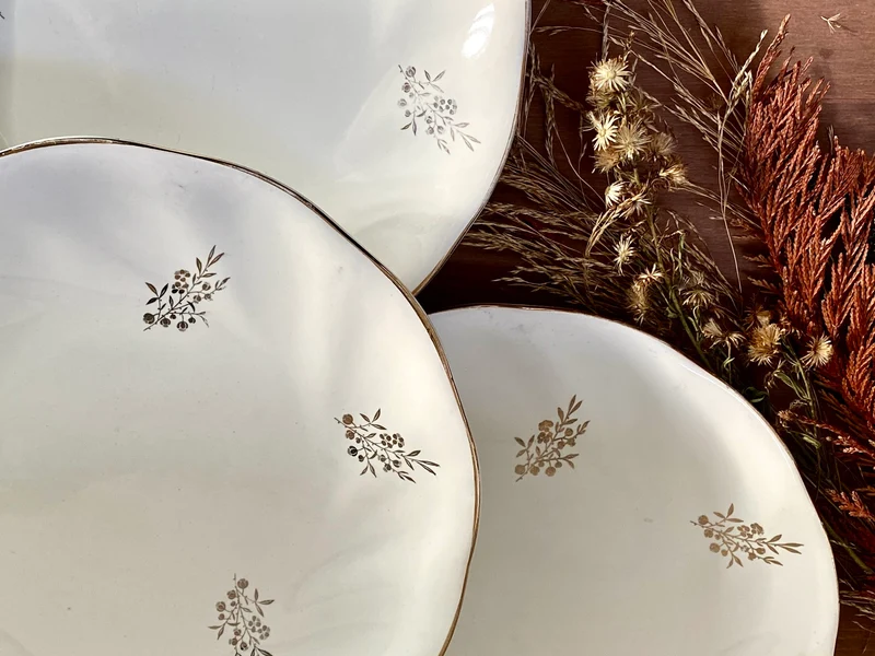 Assiettes vintage avec gravures dorées