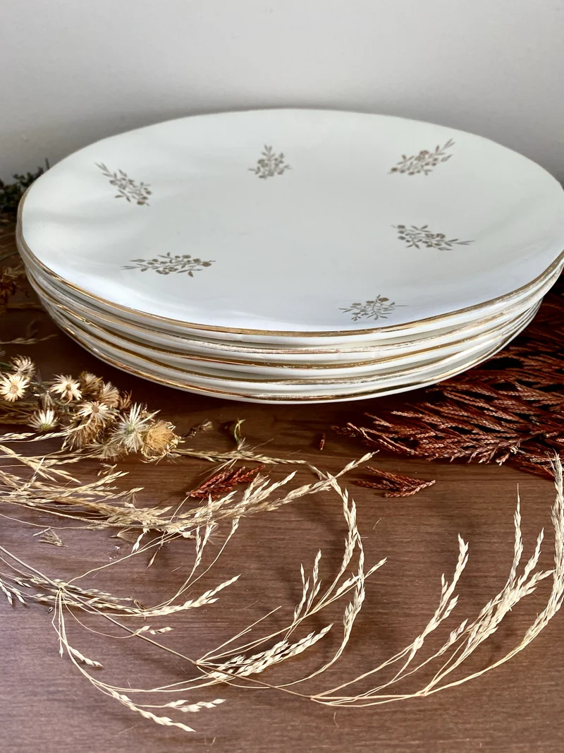 Assiettes vintage avec gravures dorées