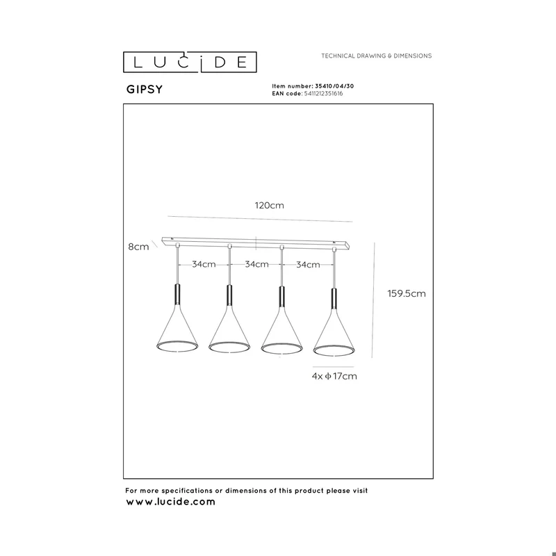 Lucide Gipsy 4-Light Pendant Lamp Black