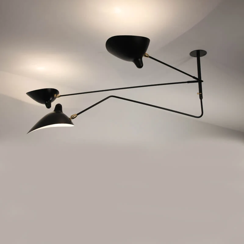 Serge Mouille 2 Fixed Arms 1 Rotating Curved Arm Ceiling Lamp
