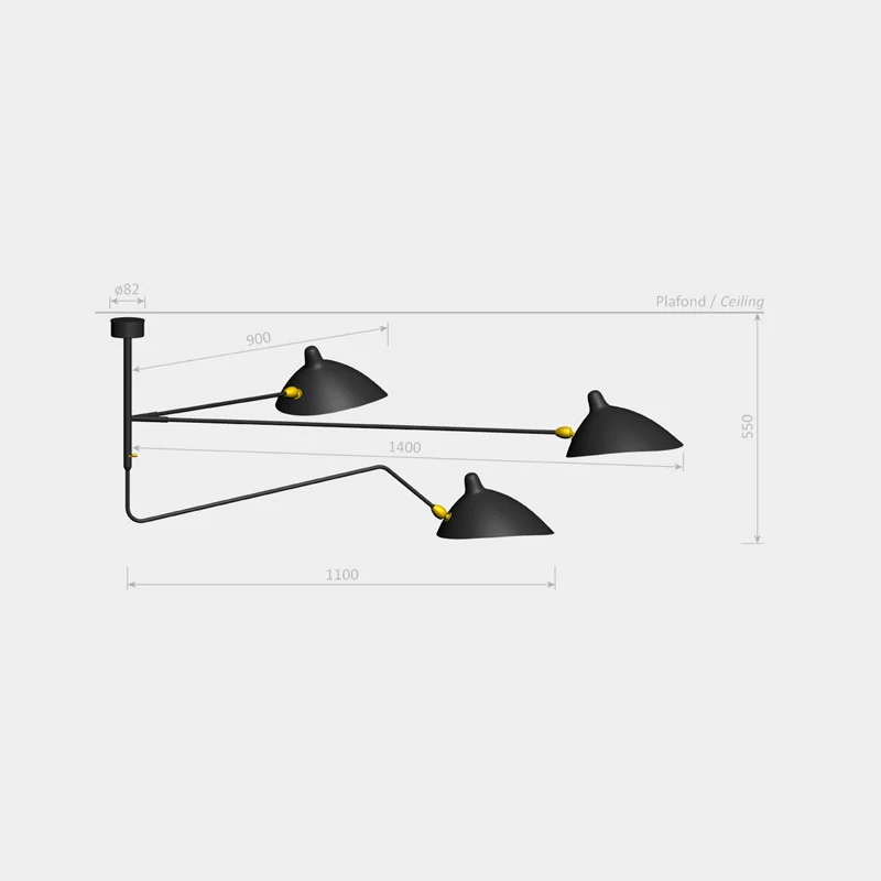 Serge Mouille 2 Fixed Arms 1 Rotating Curved Arm Ceiling Lamp