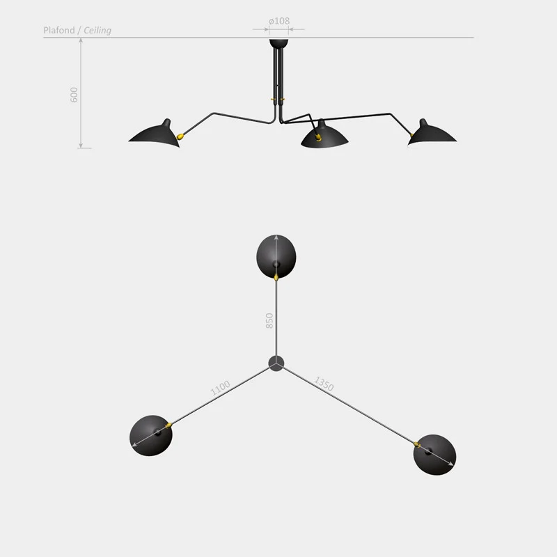 Serge Mouille 3 Rotating Arms Ceiling Lamp