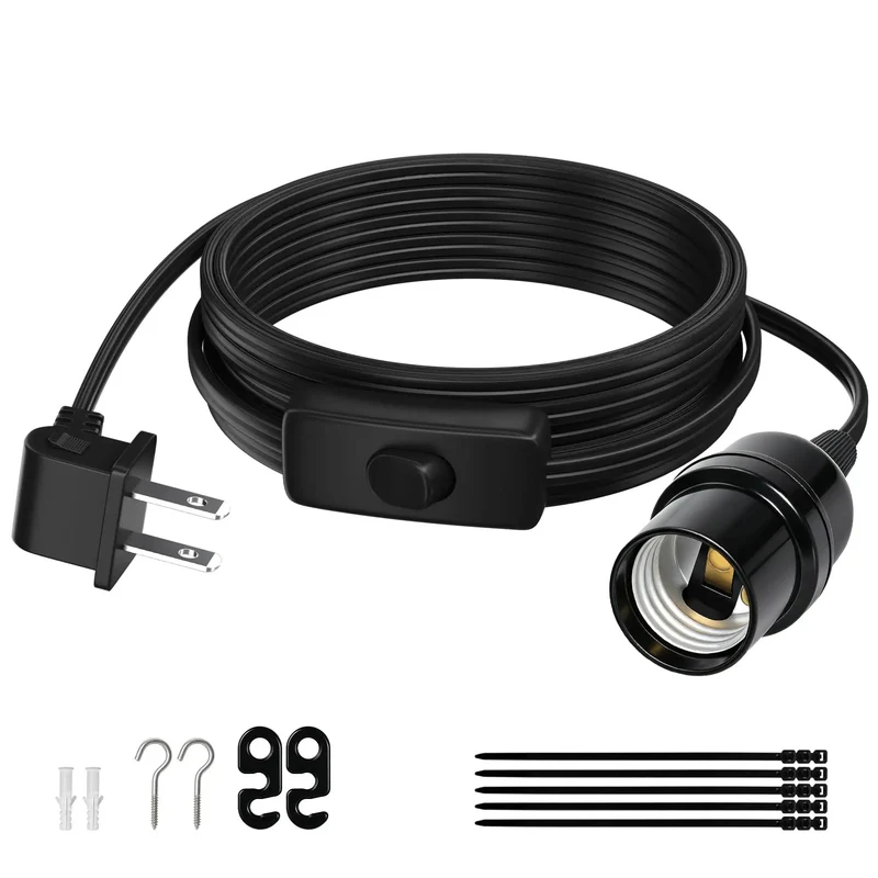 Top Notch Black Pendant Light Cord 10 FT With E26 E27 Bulb Socket And Right Angle Plug Slick Flat Braided Extension Cable For Indoor Or Outdoor Hanging Fixtures Features Handy On Off Switch