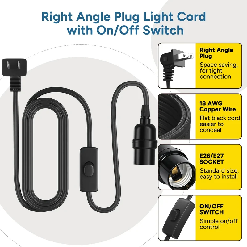Top Notch Black Pendant Light Cord 10 FT With E26 E27 Bulb Socket And Right Angle Plug Slick Flat Braided Extension Cable For Indoor Or Outdoor Hanging Fixtures Features Handy On Off Switch