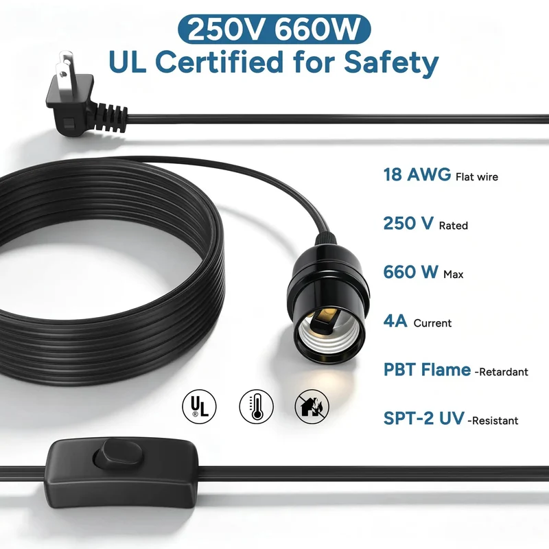 Top Notch Black Pendant Light Cord 10 FT With E26 E27 Bulb Socket And Right Angle Plug Slick Flat Braided Extension Cable For Indoor Or Outdoor Hanging Fixtures Features Handy On Off Switch