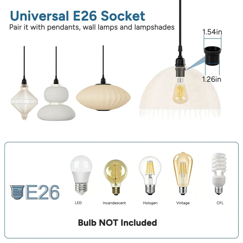 Top Notch Black Pendant Light Cord 10 FT With E26 E27 Bulb Socket And Right Angle Plug Slick Flat Braided Extension Cable For Indoor Or Outdoor Hanging Fixtures Features Handy On Off Switch