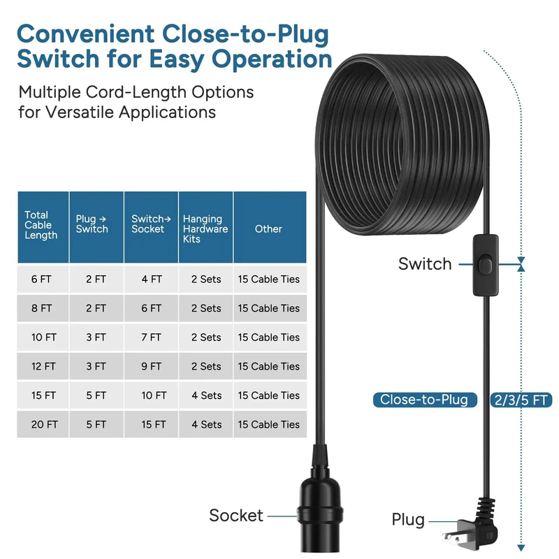 Top Notch Black Pendant Light Cord 10 FT With E26 E27 Bulb Socket And Right Angle Plug Slick Flat Braided Extension Cable For Indoor Or Outdoor Hanging Fixtures Features Handy On Off Switch
