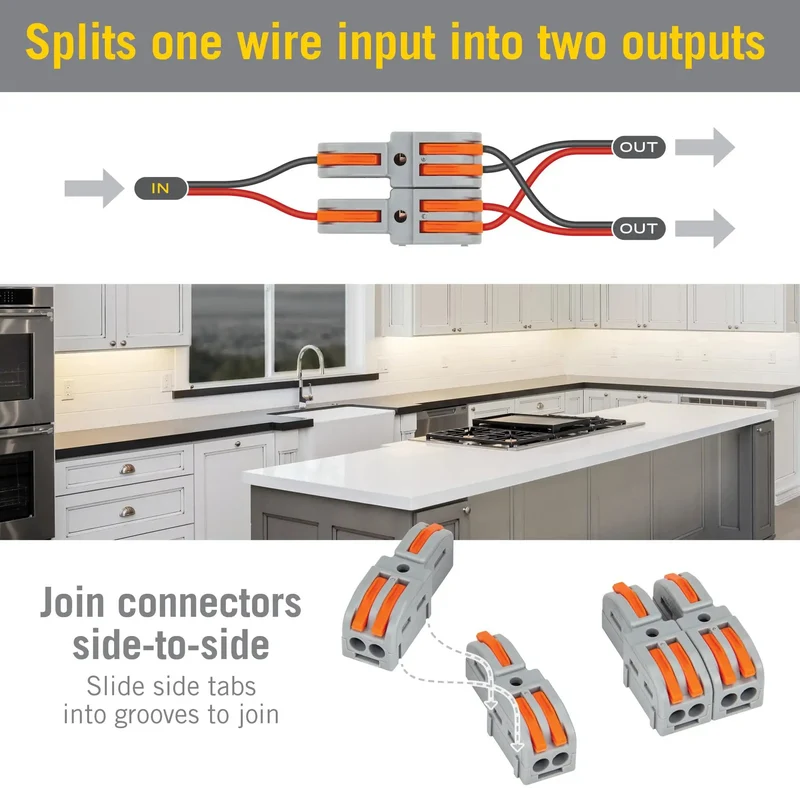 Hella Durable Modular Lever Wire Splitter Connectors For Quick Low Voltage Power Routing To Led Strips And Under Cabinet Install Smooth Operation Foolproof Grip Mechanism