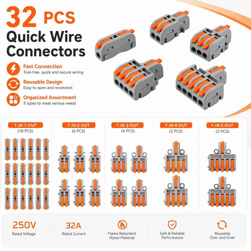 32 Piece Assorted Lever Wire Connectors Quick Push Connect Kit For Hella Easy Do It Yourself Electrical Wiring And Car Garage Grinds With Solid Industrial Grade Construction