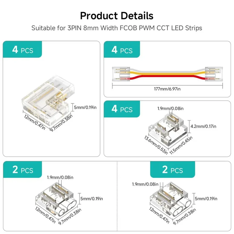 Hassle Free 3 Pin 8mm Cob Cct Led Connector Kit Featuring Dual End Wire And L Shaped Connectors Solderless Gapless Build Plug And Play Wiring For 5V 12V 24V Led Strips No Sweat Assembly