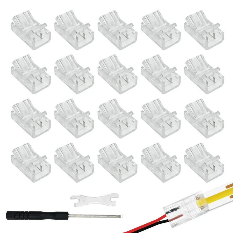 Top Shelf 10mm Cob Led Strip Connector Clips Two Pin Solderless Wire Adapter Terminal Extender For 5V 12V 24V Single Color Lights Zero Sweat Setup Quick Snap Fit Twenty Piece Grab Bag