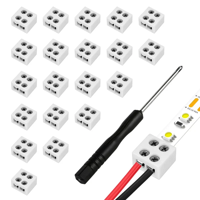 20 Pack Solderless Led Strip Connectors 2 Pin 10 Mm Screw Lock Tape Light Adapter Strip To Wire And Strip To Strip For 5V 12V 24V Single Color Smd Cob No Sweat Hookup Includes Driver