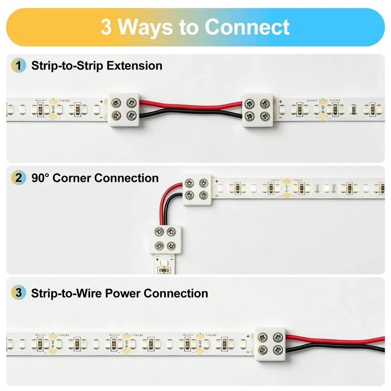 20 Pack Solderless Led Strip Connectors 2 Pin 10 Mm Screw Lock Tape Light Adapter Strip To Wire And Strip To Strip For 5V 12V 24V Single Color Smd Cob No Sweat Hookup Includes Driver