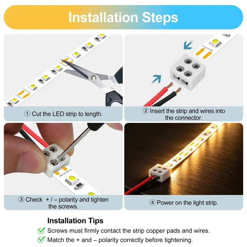 20 Pack Solderless Led Strip Connectors 2 Pin 10 Mm Screw Lock Tape Light Adapter Strip To Wire And Strip To Strip For 5V 12V 24V Single Color Smd Cob No Sweat Hookup Includes Driver