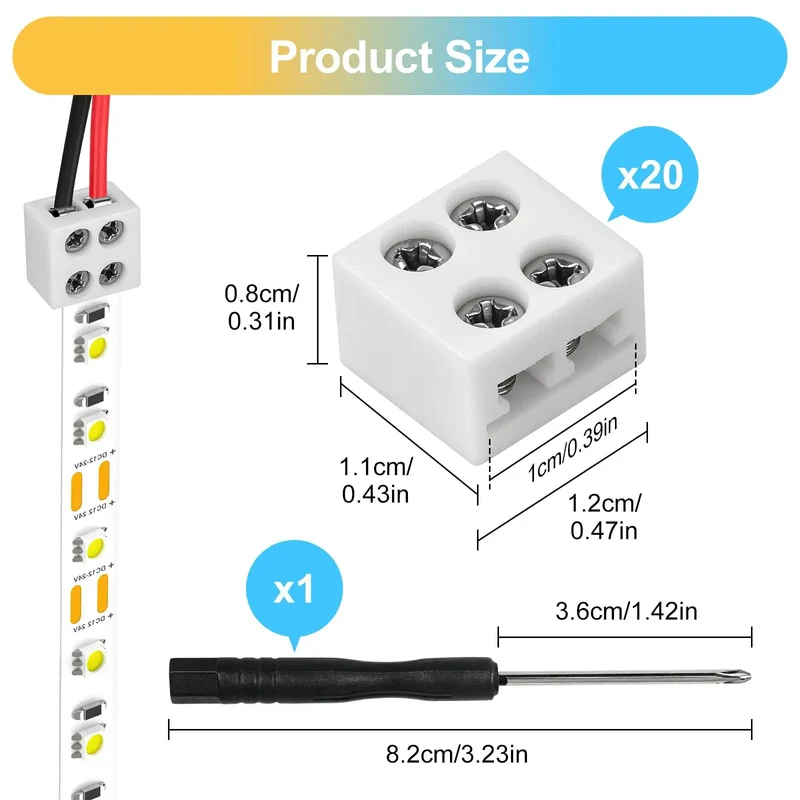 20 Pack Solderless Led Strip Connectors 2 Pin 10 Mm Screw Lock Tape Light Adapter Strip To Wire And Strip To Strip For 5V 12V 24V Single Color Smd Cob No Sweat Hookup Includes Driver