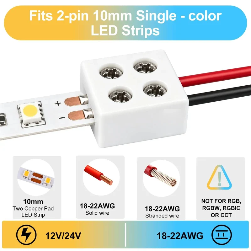 20 Pack Solderless Led Strip Connectors 2 Pin 10 Mm Screw Lock Tape Light Adapter Strip To Wire And Strip To Strip For 5V 12V 24V Single Color Smd Cob No Sweat Hookup Includes Driver
