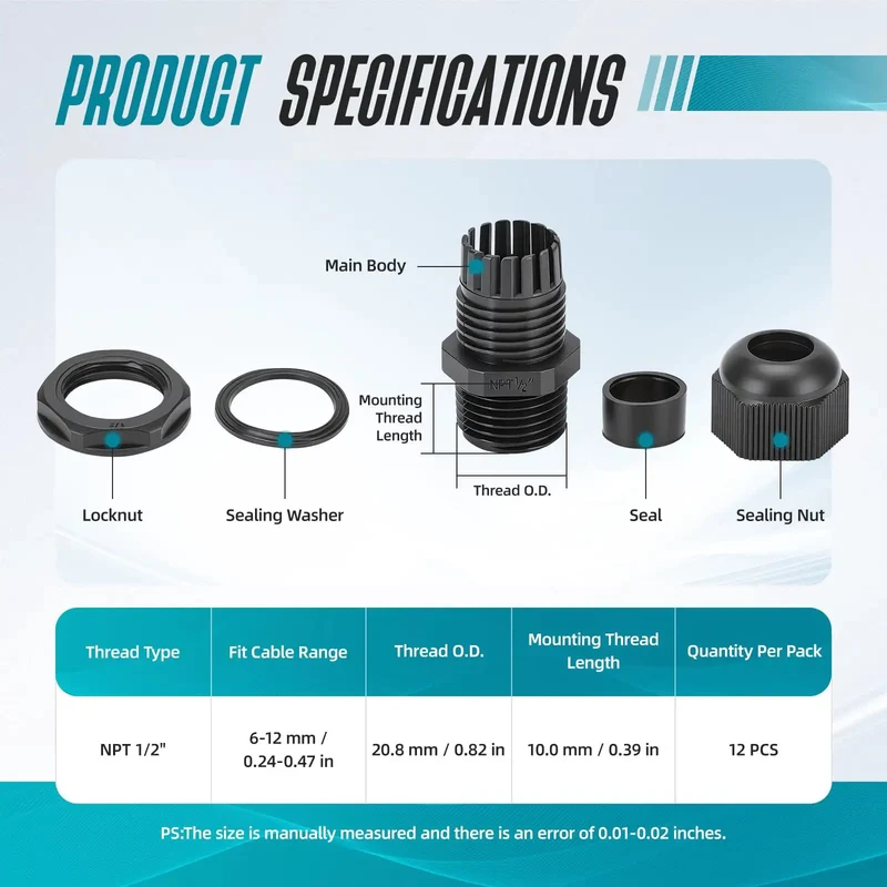 Lock In A Watertight Shield With This 12-Pack Of 1/2 Inch NPT Cable Glands Featuring A Bulletproof IP68 Seal That Keeps Dampness From Creeping In. Crafted From Flame-Retardant Nylon To Beat UV Rays, Acid, And Chemicals While Delivering Pro-Level Strain