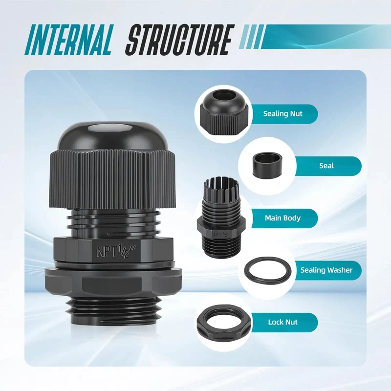 Lock In A Watertight Shield With This 12-Pack Of 1/2 Inch NPT Cable Glands Featuring A Bulletproof IP68 Seal That Keeps Dampness From Creeping In. Crafted From Flame-Retardant Nylon To Beat UV Rays, Acid, And Chemicals While Delivering Pro-Level Strain