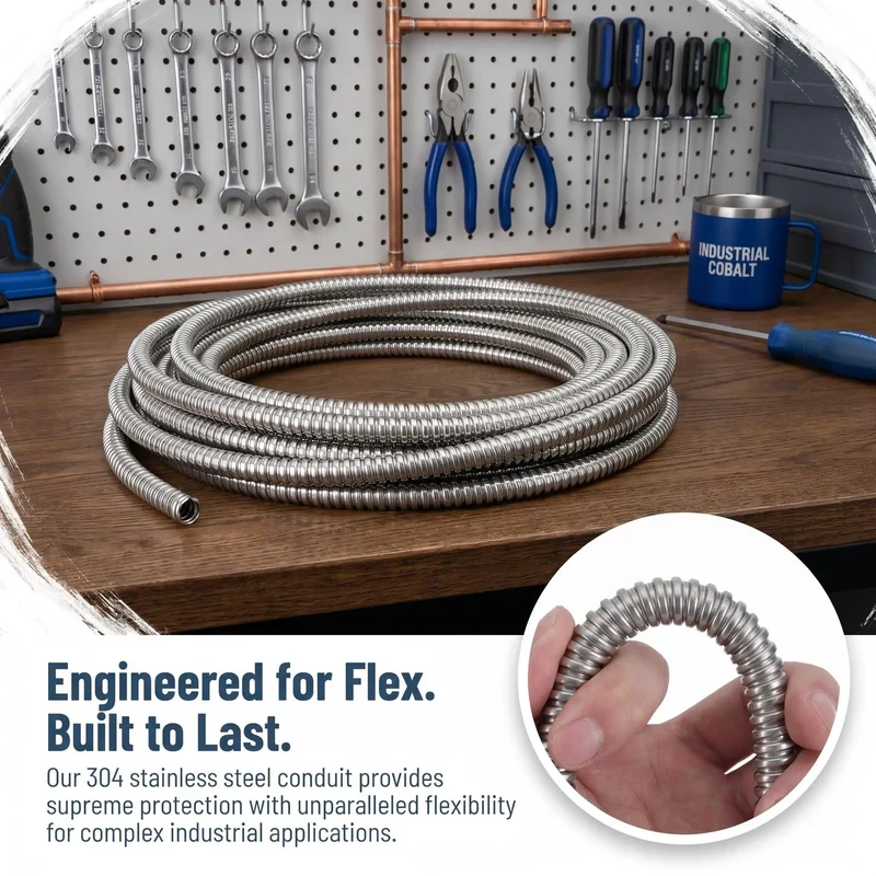Heavy Duty Stainless Steel Bendable Conduit Sleeve For Weatherproof Cable Management And Secure Wire Protection In Garage Or Shop Projects With A Slick Flexible Build That Locks Down Your Cables Against Heat Moisture And Rough Use