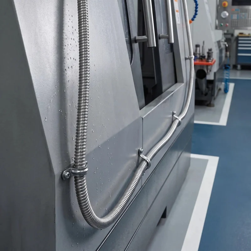 Heavy Duty Stainless Steel Bendable Conduit Sleeve For Weatherproof Cable Management And Secure Wire Protection In Garage Or Shop Projects With A Slick Flexible Build That Locks Down Your Cables Against Heat Moisture And Rough Use