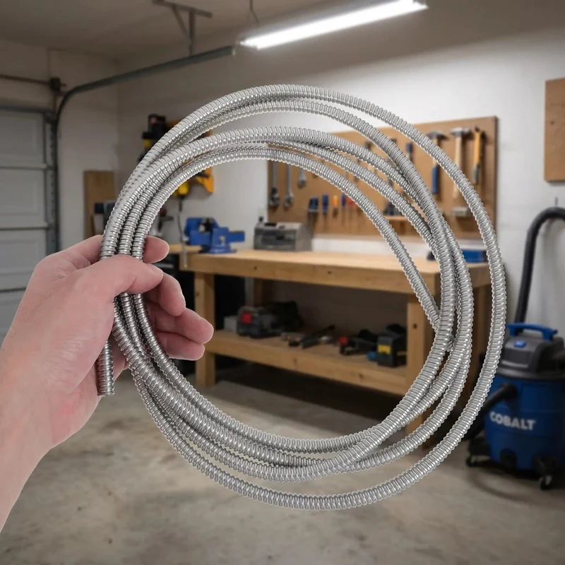 Heavy Duty Stainless Steel Bendable Conduit Sleeve For Weatherproof Cable Management And Secure Wire Protection In Garage Or Shop Projects With A Slick Flexible Build That Locks Down Your Cables Against Heat Moisture And Rough Use