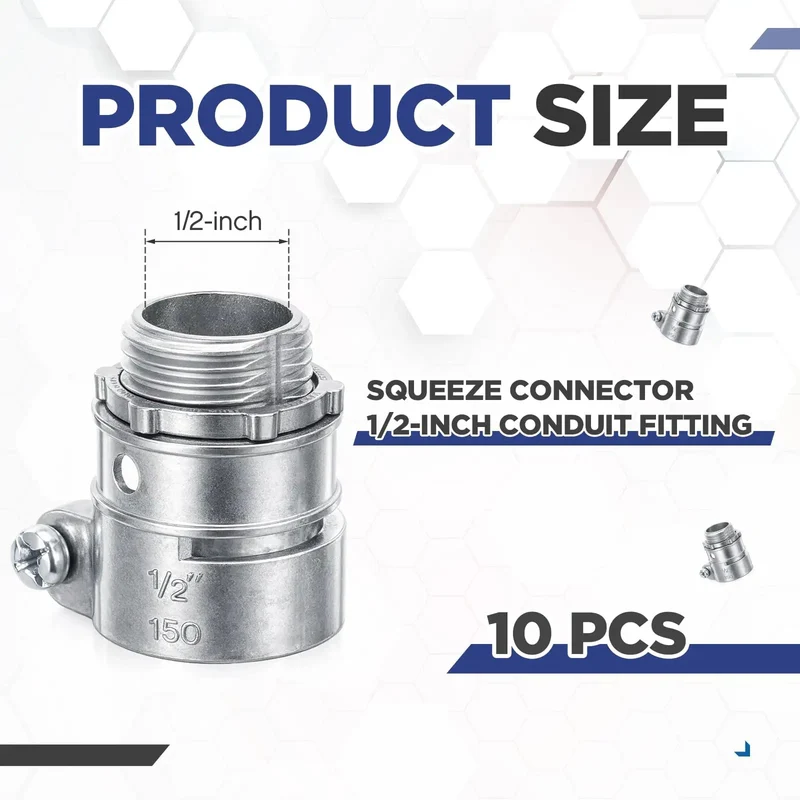 10-Pack Of Top-Shelf 1/2-Inch Squeeze Connectors For FMC And EMT Conduit Wiring. These Heavy-Duty Metal Cable Fittings Are A Solid Pick For Indoor Jobs, Locking Down Cables Snug As A Bug In A Rug Without Breaking A Sweat.