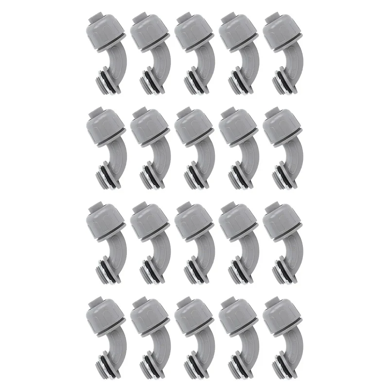 Twenty Piece Pack Of Rock Solid Ninety Degree Nylon 6 Liquid Tight Connectors For Rugged Electrical Conduit And Motor Wiring Half Inch NPT Heavy Duty Waterproof Cable Glands