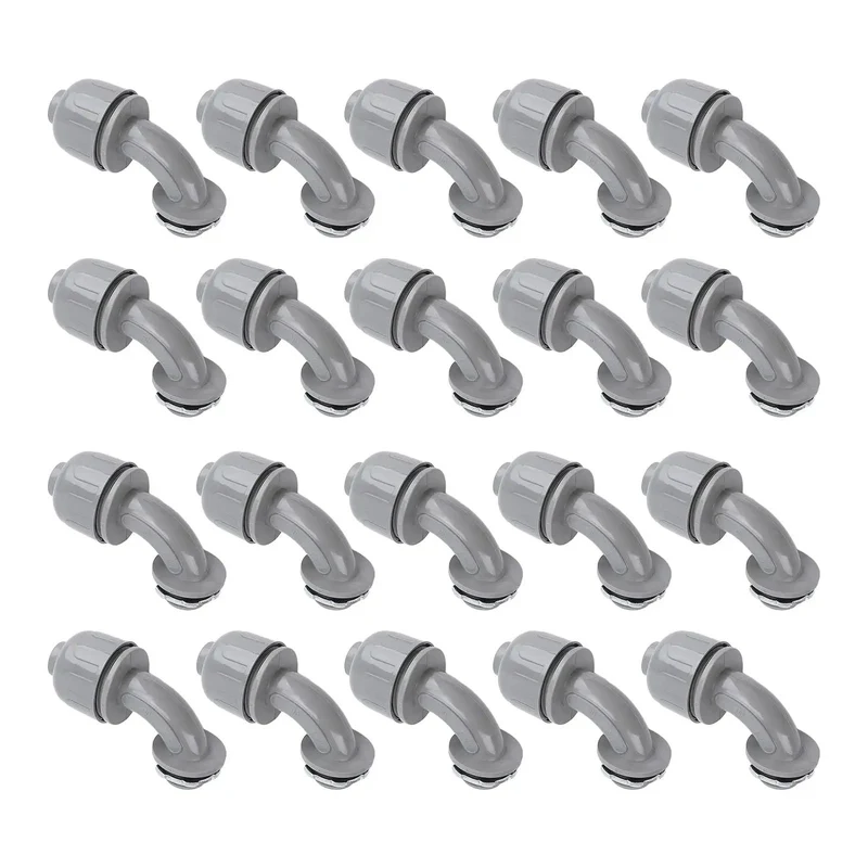 Twenty Piece Pack Of Rock Solid Ninety Degree Nylon 6 Liquid Tight Connectors For Rugged Electrical Conduit And Motor Wiring Half Inch NPT Heavy Duty Waterproof Cable Glands