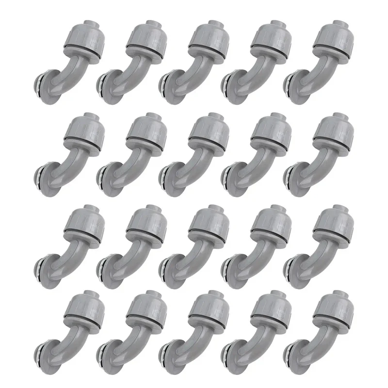 Twenty Piece Pack Of Rock Solid Ninety Degree Nylon 6 Liquid Tight Connectors For Rugged Electrical Conduit And Motor Wiring Half Inch NPT Heavy Duty Waterproof Cable Glands