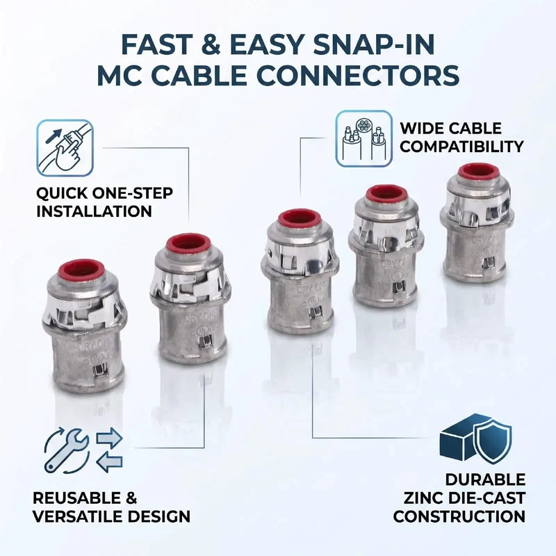 Heavy Duty 3/8 Inch MC Cable Connectors For 14 12 And 10 Gauge Wire Built Like A Tank With Zinc Alloy Snap Lock Design Deliver A Straight Up Pro Feel And Easy Install For AC And AC90 Cable Runs