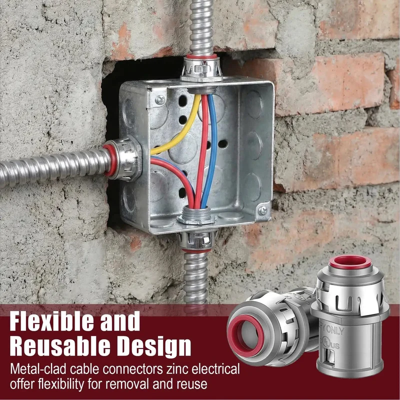 Heavy Duty 3/8 Inch MC Cable Connectors For 14 12 And 10 Gauge Wire Built Like A Tank With Zinc Alloy Snap Lock Design Deliver A Straight Up Pro Feel And Easy Install For AC And AC90 Cable Runs