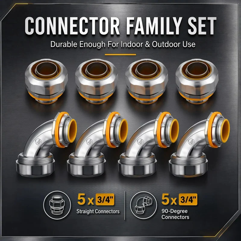 10 Piece Liquid Tight Conduit Connector Pack Includes 3/4 Inch Straight Fittings And Ninety Degree Elbows For Smooth Indoor Outdoor Cable Runs Into Boxes Heavy Duty Metal Construction Delivers No Sweat Installation And Rock Solid Grip