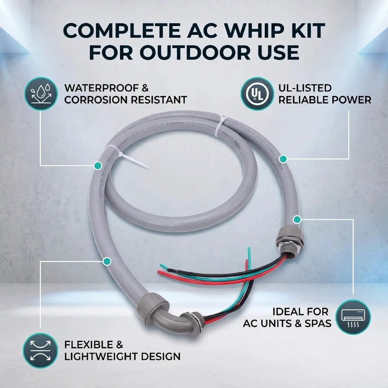 Pre Wired AC Whip Kit With Three Quarter Inch Flexible Liquid Tight Conduit Six Feet Long 8 AWG Copper Wire Three Conductor No Fuss Setup Runs Clean Built Damn Tough For Any Heavy Duty Electrical Run