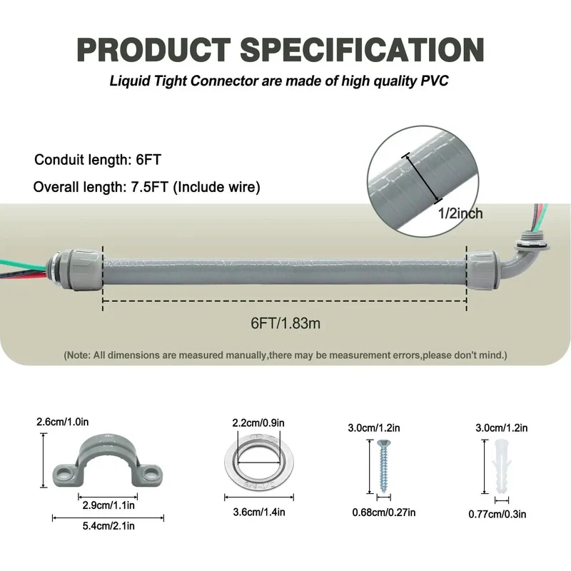 Heavy Duty Half Inch Liquid Tight Flexible Conduit Whips With 6 Foot 10 AWG 3 Wire Copper Cables For Outdoor Air Conditioning Units Hella Durable Ready To Hookup Plug And Play Assembly